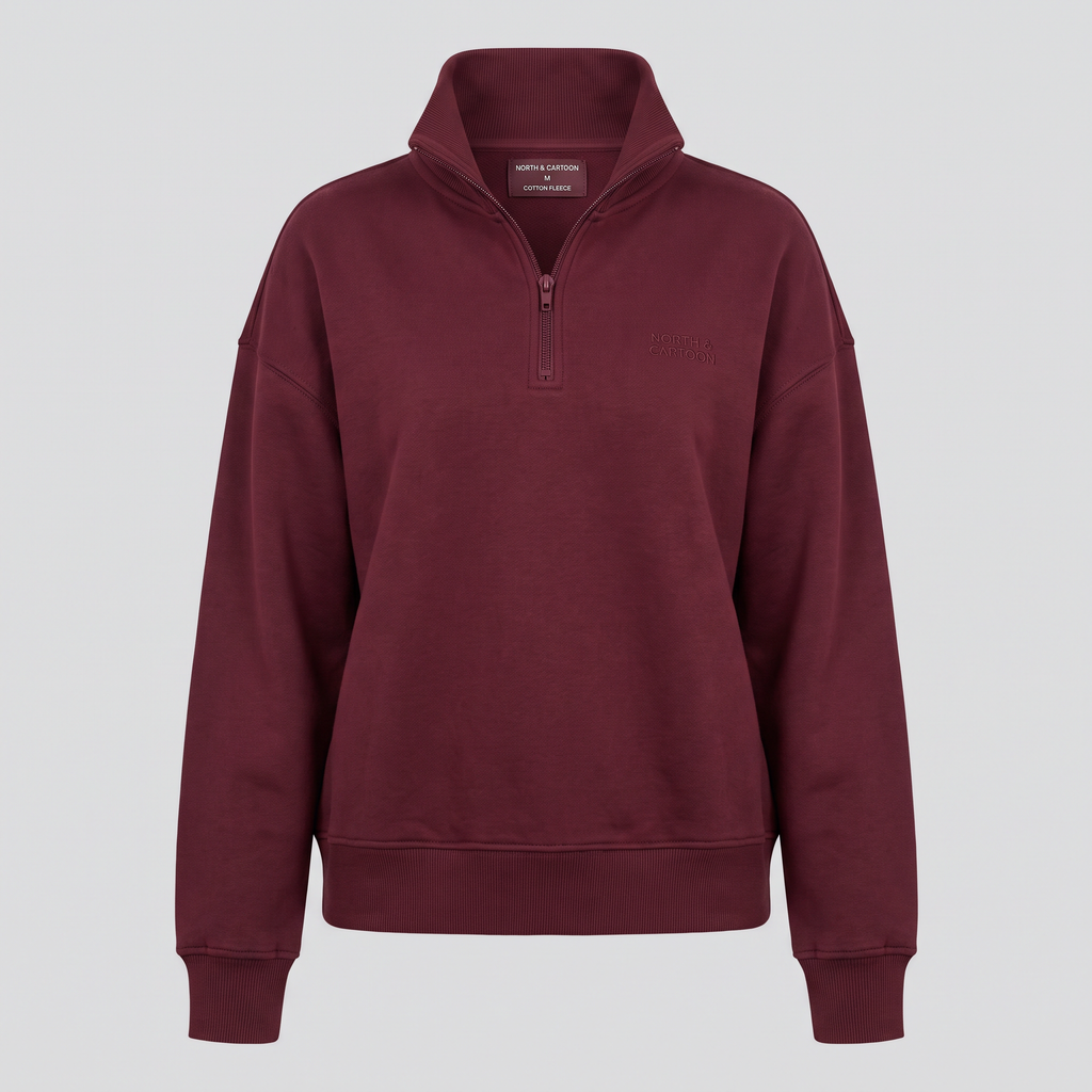 Demi-zip ample, bordeaux, vue de face — NORTH & CARTOON