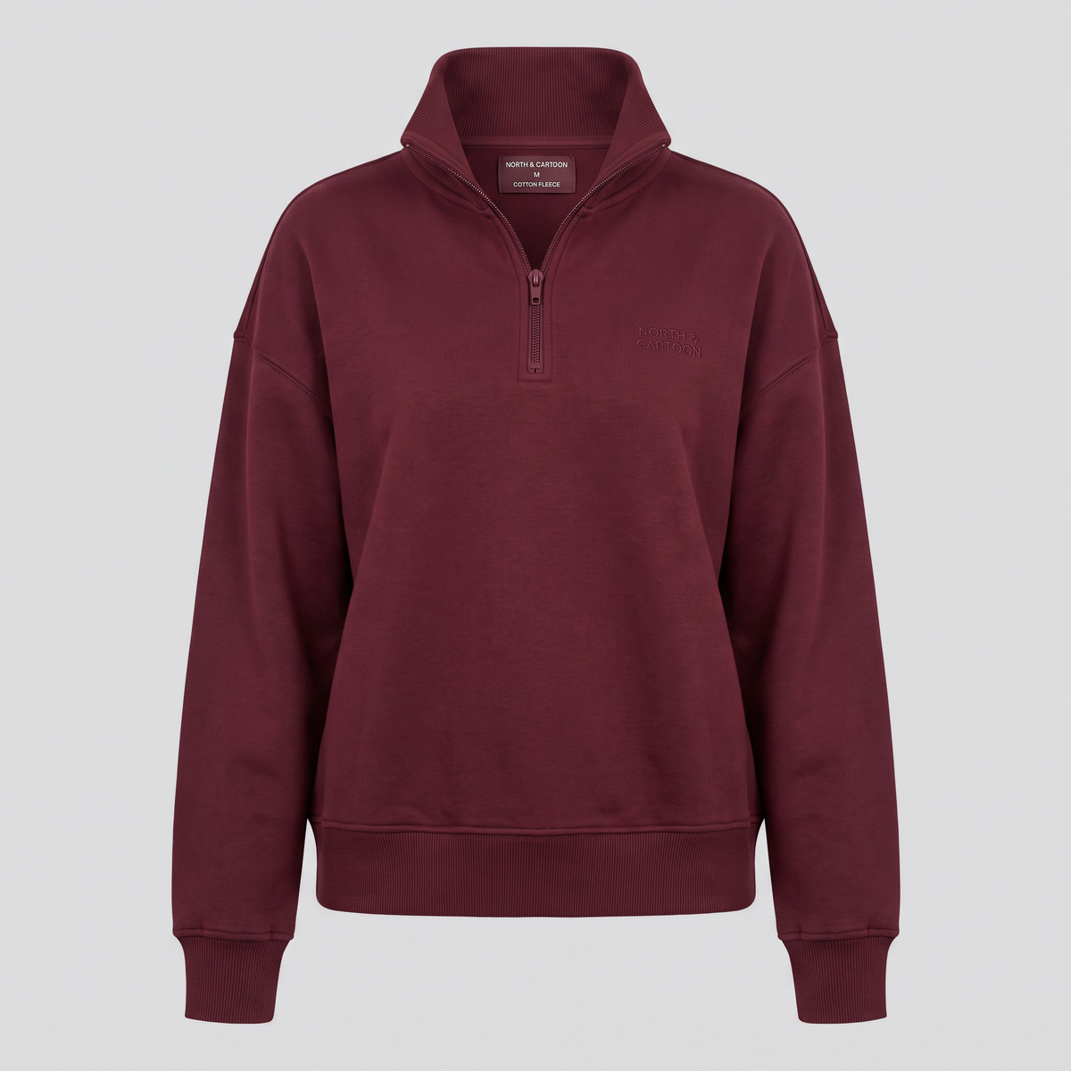 Demi-zip ample, bordeaux, vue de face — NORTH & CARTOON