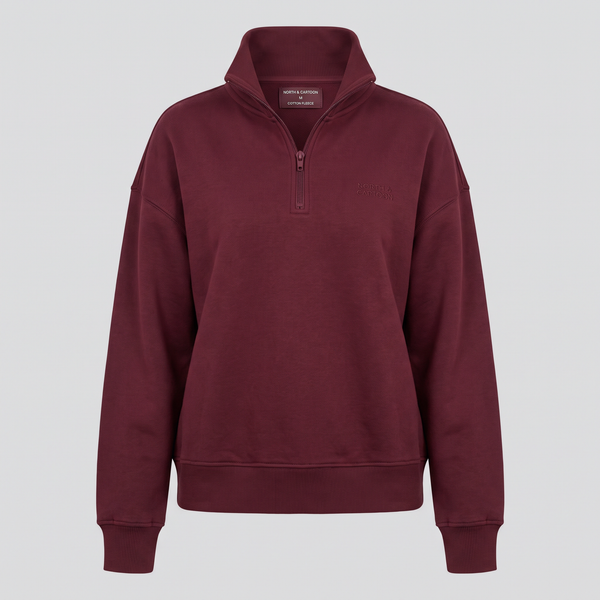 Demi-zip ample, bordeaux, vue de face — NORTH & CARTOON