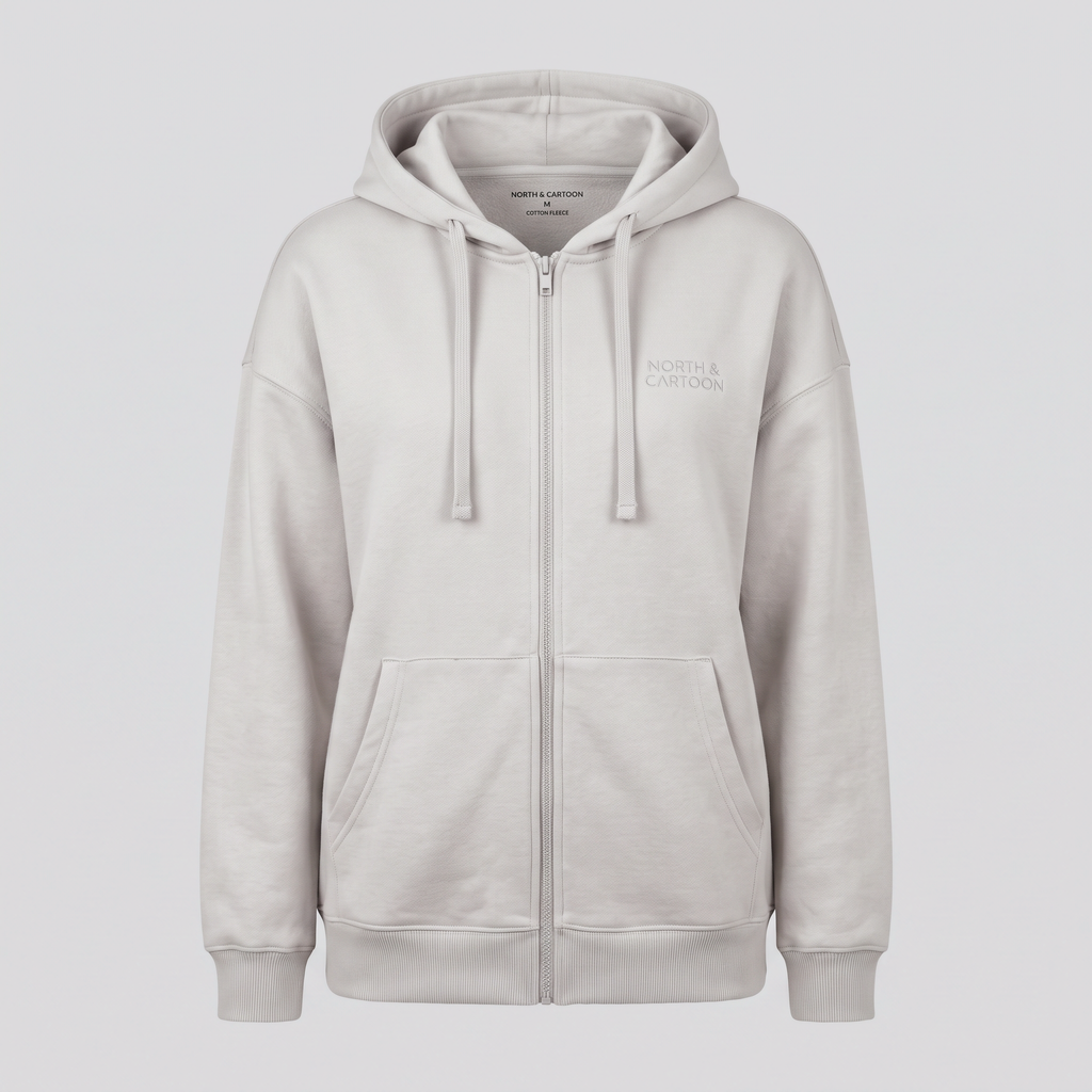 Sweat zippé à capuche, gris perle, vue de face — NORTH & CARTOON