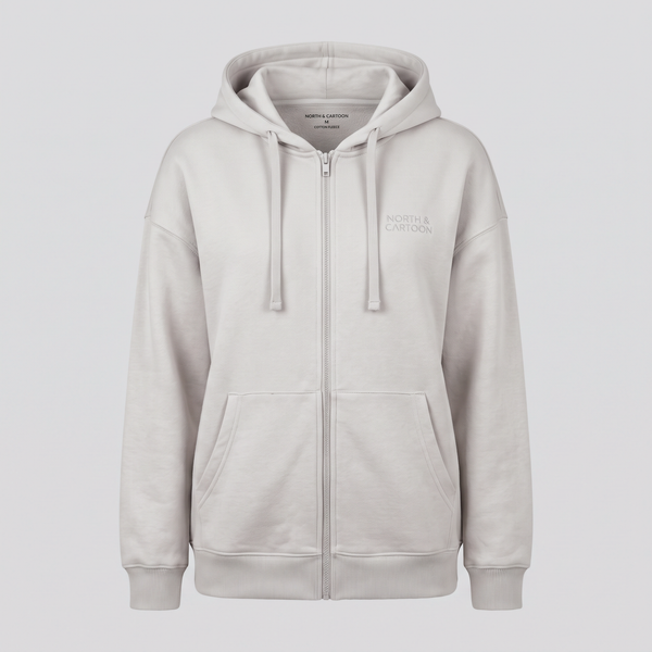 Sweat zippé à capuche, gris perle, vue de face — NORTH & CARTOON