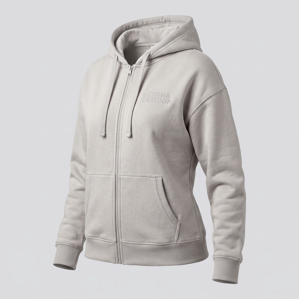 Sweat zippé à capuche, gris perle, vue de trois-quarts — NORTH & CARTOON