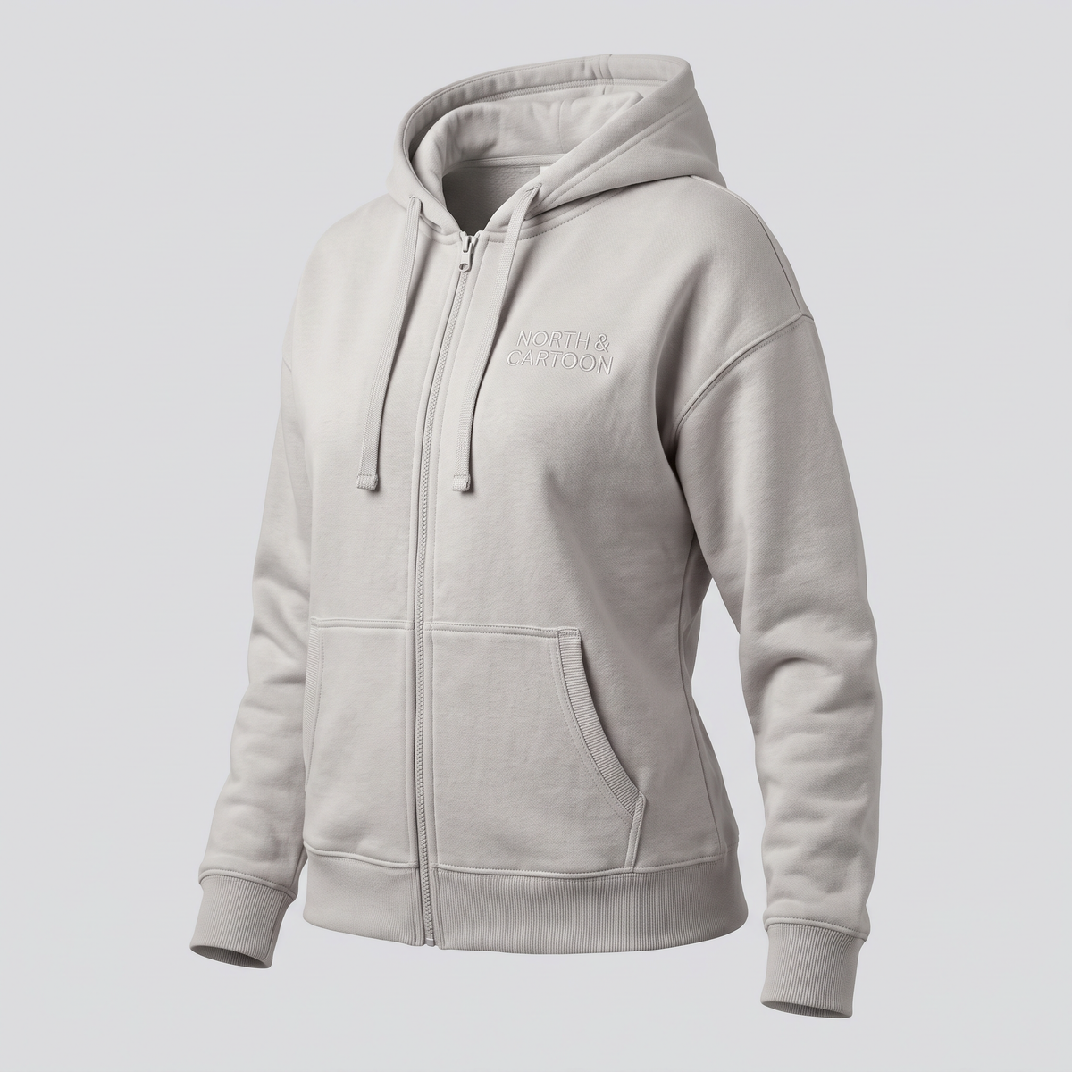 Sweat zippé à capuche, gris perle, vue de trois-quarts — NORTH & CARTOON